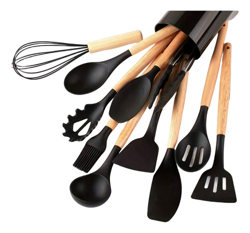 12 Piezas Utensilios De Silicona Para Cocina Y Manejar Color Negro