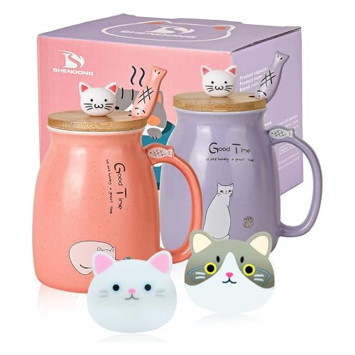 Shendong 2 Pack Cat Mugs Cute Ceramic Coffee Cups Set Rmggg