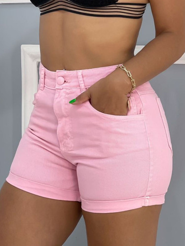 Short Jeans Colorido Feminino Barra Dobrada E Botão Forrado