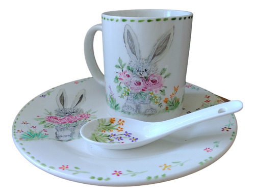 Set Taza + Plato De Plan + Cuchara Loza Conejito De Pascua