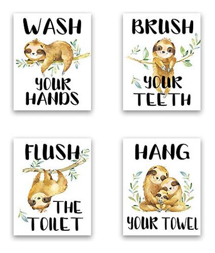 Pósteres Sloth Bathroom Art Print Set De 4 (8 X 10), Lindo P