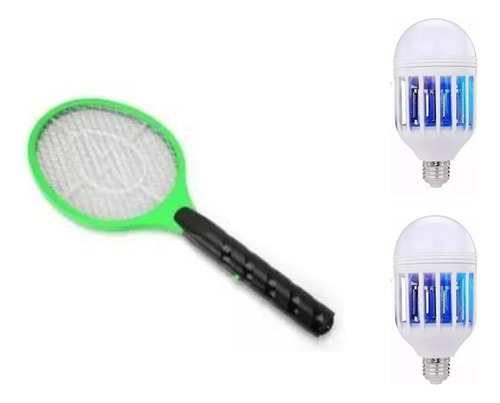 2 Focos Mata Mosquitos Led Luz Blanca + Raqueta Matamoscos