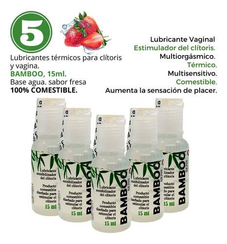 Set 5 Lubricante Gel Baseagua Multiorgásmico Clitoral Bamboo Sabor Fresa