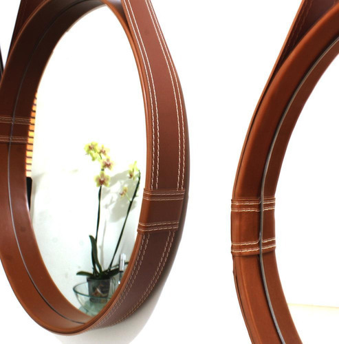 Espelho Redondo Decorativo Moldura Alça Couro 40cm Caramelo