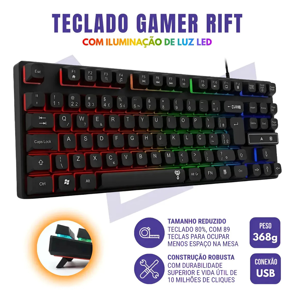 Teclado Gamer Led Rainbow 80% Membrana Abnt2 Com Fio Usb Preto Português Brasil
