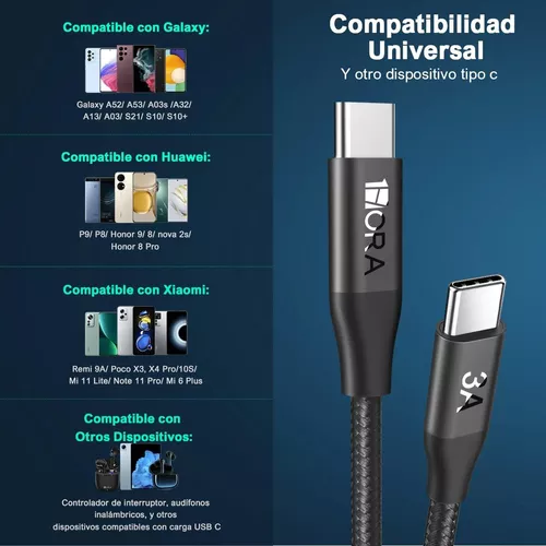 Cable USB tipo C a USB C de carga rápida, Cable trenzado de nailon  Compatible con