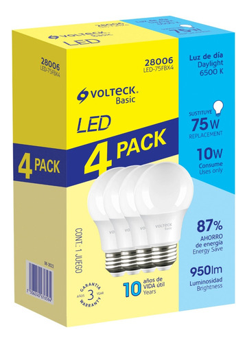 Lámpara Led, A19, 10w, Volteck Basic, 4 Pzas En Caja, 28006