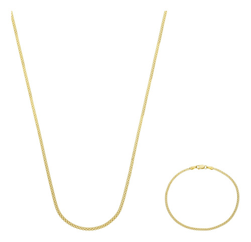 Corrente De Ouro 18k Feminino 45cm Kit Bismark Com Pulseira