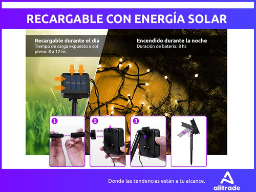 Imagen 7 de 10 de Luces Navidad Exterior Solares Guirnalda Led 100 Luces 12mts