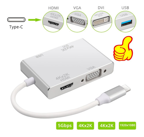 Adaptador Hub 4k Tipo C 4 En 1: Hdmi, Vga, Usb 3.0, Dvi, 