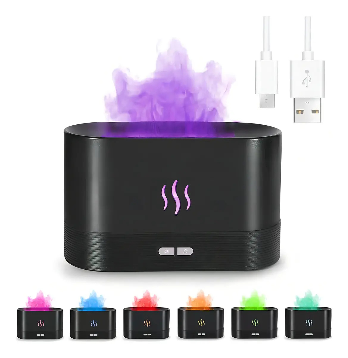 Humidificador Difusor Aromas De Aceite Esencial De Llama Coloreado LED 7 Colores 180ml USB Negro