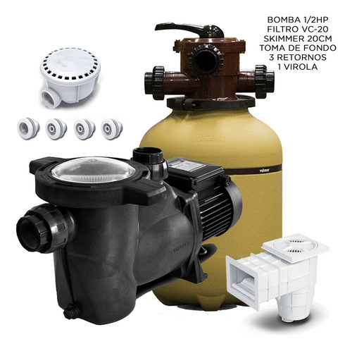 Bomba 1/2hp 0.50hp Vulcano , Accesorios Para Pileta Hormigon Hasta 35000 Litros Filtro Skimmer Toma De Fondo Retornos Virola
