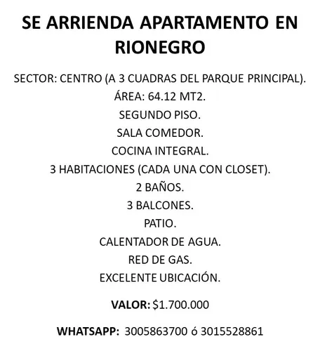 Se Arrrienda Apartamento A 3 Cuadras Del Parque De Rionegro (antioquia)