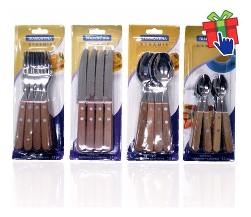 Imagen 2 de 3 de Set X 48 Cubiertos Tramontina Dynamic Madera Acero Cuchillo