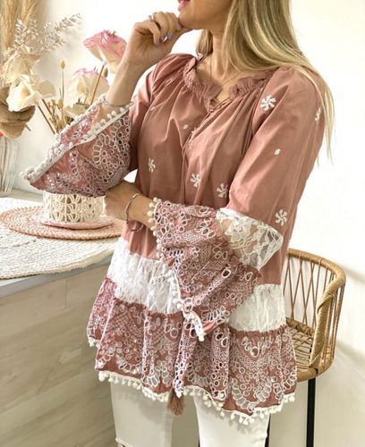 Imagen 6 de 6 de Blusa Importada Bordada Boho Con Broderie Y Encaje