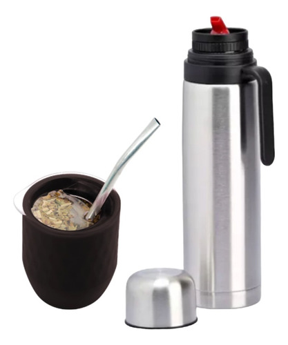 Mate Con Tapa Antivuelco + Bombilla + Termo Acero Inox. 1l