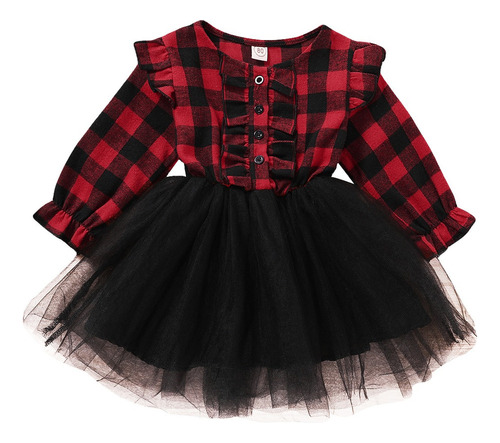 Vestido Rojo Manga Larga Tutú De Tul Para Niños Navidad  [u]