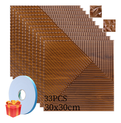 Qianmu 33pcs Paneles Decorativos 3d Para Pared 30x30cm Con Cinta Doble Cara 50m, Decorativos Para Paredes, Ideal Para Decoración De Pared Interiores Paneles Decorativos 3d Pvc Impermeable Caoba (D168)