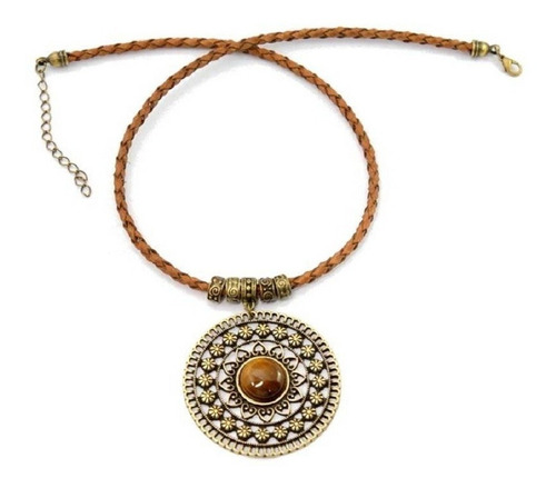 Colar De Couro Mandala Com Pedra Olho De Tigre Bijuterias