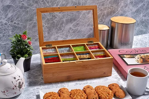 Caja de almacenamiento grande de bambú con amplio espacio de almacenamiento  para organizar accesorios de hierbas, viene con tapa de bandeja enrollable