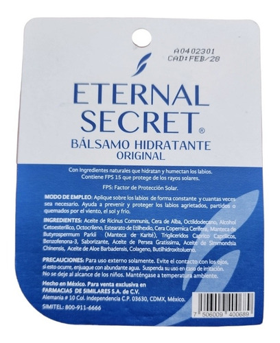 Bálsamo Labial Hidratante Eternal Secret Manteca Karité