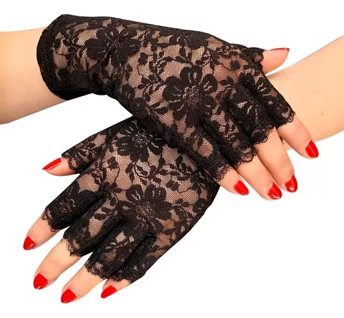 Luvas de renda Crânio Jacquard Luvas de renda preta Luvas femininas de  proteção solar Luvas curtas de tule elásticas Moda gótica de Halloween  (cor