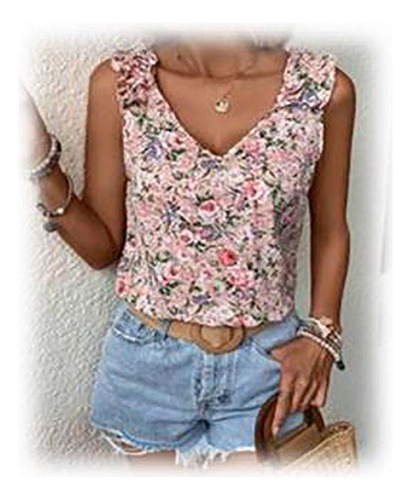 Topk Shein Tank Con Estampado Floral Ribete Frucido 