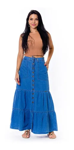 Saia Jeans Longa Moda Crist Com Bot es Sem Elastano S3905 Frete