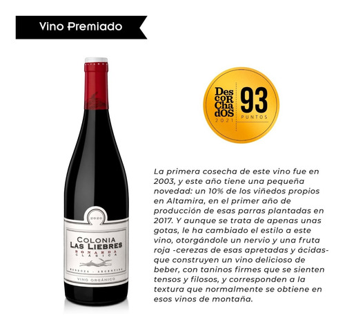 Imagen 3 de 5 de Vino Colonia Las Liebres Bonarda Clásica - Caja 6 X 750ml