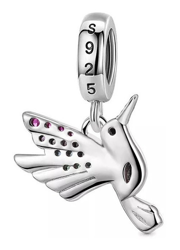 Imagen 2 de 2 de Charm Dije Plata 925 Pajaro Colibri Multicolor / Todojoyas