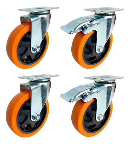 4 Ruedas Giratoria Reforzada 125mm 2 Con Freno 600 Kilos Ruedas Naranja