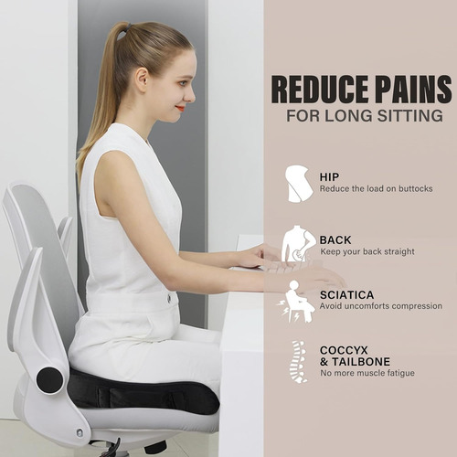 Cojín Asiento Memory Foam Ergonómico Alivio Cóccix Negro Liso
