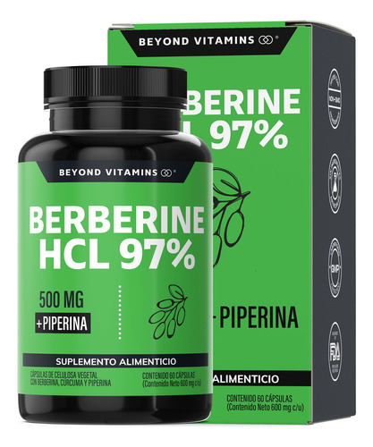 Berberina Hcl 97% | 500mg De Berberina Clorhidrato, Potenciado Con Piperina Al 97% Y Cúrcuma | Berberine 60 Cápsulas