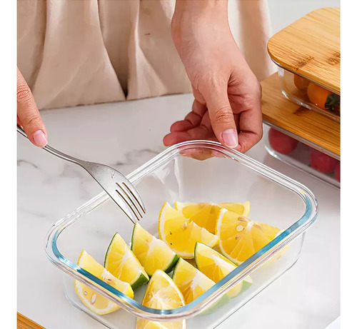 Pote Hermético De Vidro Marmita Marmitex Comida Almoço Janta Frutas Com Tampa De Bambu - 600ml Snel Home