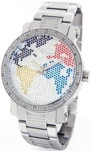 Diamante Reloj De Mens World Mapa Tono Plata