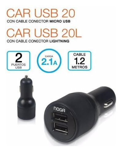 Cargador Noga Car Usb 20 Usb De Auto Con Cable Carga Rápida