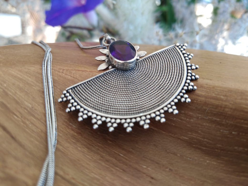 Imagen 2 de 3 de Dije Sol Bali Artesanal Filigrana Plata925 Y Amatista