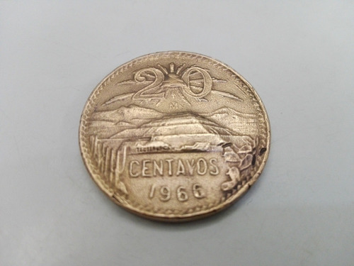 Moneda 20 Centavos Teotihuacan Aguila Grande Año 1966 #2
