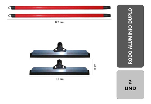 Kit 2 - Rodo De Alumínio 30 Cm Duplo - Reforçado # Com Cabo Cor Prateado