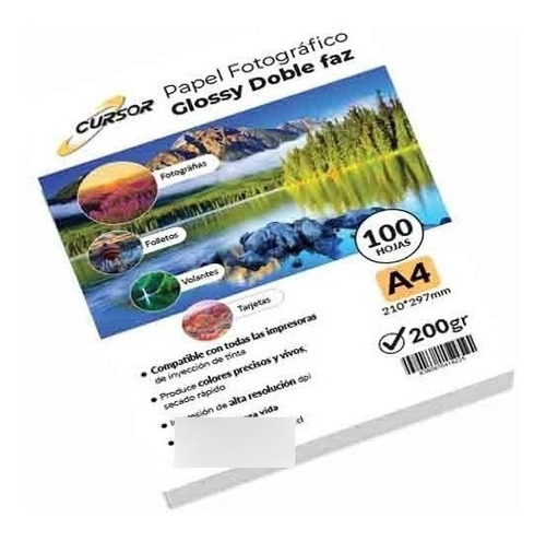 Papel Fotográfico Doble Faz Glossy Cursor A4 200 Gr 100 Hjs