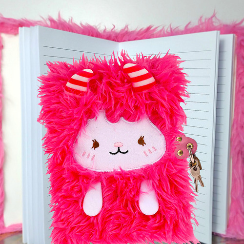 Diario Intimo Peluche + Lapiceras Glitter Candado Y Llaves Fucsia Fluffy 2025
