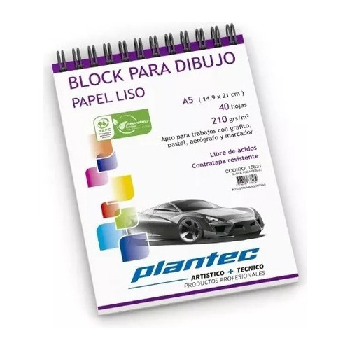 Block Para Dibujo Plantec Anillado A5 Liso 210gr 40hjs