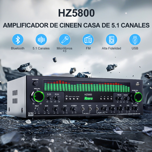 Amplificador de Audio Para Casa Bluetooth Hzero Hz5800 Óptica Coaxial Apoya Subwoofer Color Negro Canal 5.1 Potencia Pico De 5800 W