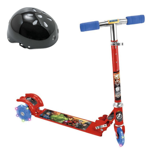 Kit Patinete Infantil Ferro 3 Roda Luz Vingadores + Capacete