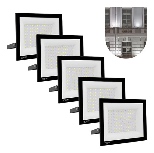 Kit 5 Refletor Holofote Led Slim 200w Prova Dágua Ip66 Cor Da Carcaça Preto Cor Da Luz Branco Frio