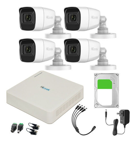 Hilook Kit de Camaras de Seguridad Exterior Con Micrófono Integrado + Disco Duro 500gb Modelo HLPS-PLUS-SC+500 Video Vigilancia TurboHD 1080p CCTV 4 Cámaras Bala