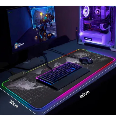 Imagen 3 de 6 de Mousepad Gamer Led Rgb Usb 80x30cm Pd-06 Mapa Mundial