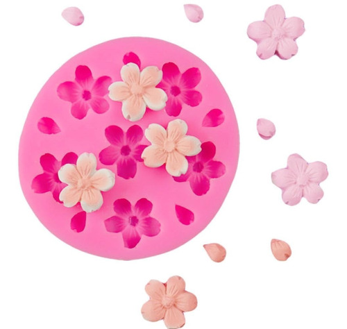 Molde Silicona 6 Flores De Cerezo Con Hojas Fondant Porcelan Color Rosa