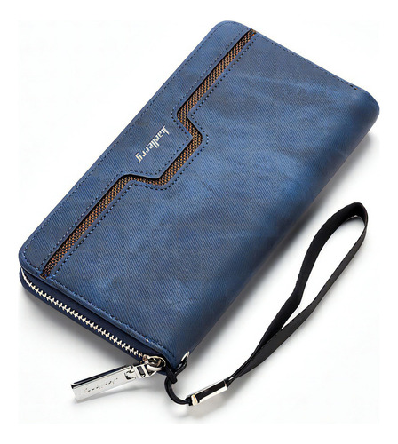 Cartera grande para teléfono celular, unisex, con cierre de tarjetas, correa de color azul, diseño de tela lisa