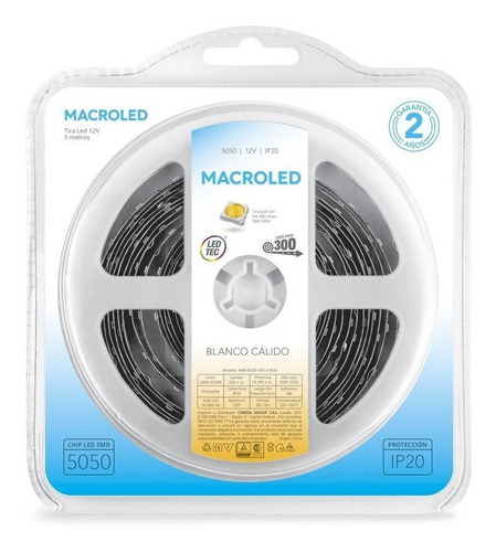 Tira LED Macroled B300-FW12 5050 blanca cálida 12V IP20